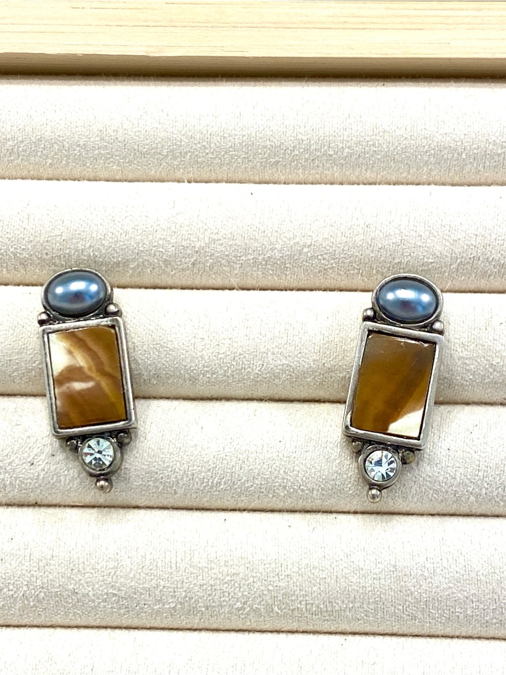 Vintage Silver Brown and Pearl Accent Earrings